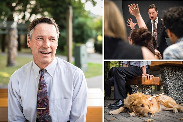 A three-image collage of a smiling older man in a formal shirt and tie, the same man speaking to a room of people, and a golden retriever lying by a park bench